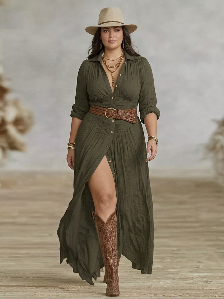 Juno | Dames Katoenen Gazen Rimpel Knopen Maxi Jurk Boho