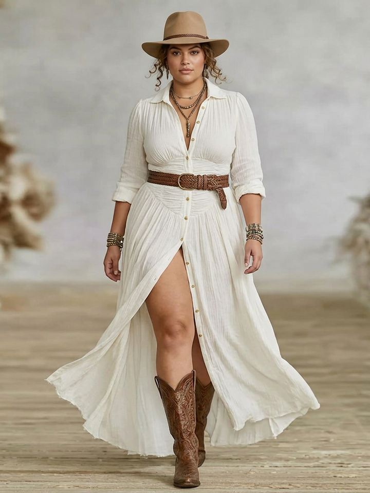 Juno | Dames Katoenen Gazen Rimpel Knopen Maxi Jurk Boho