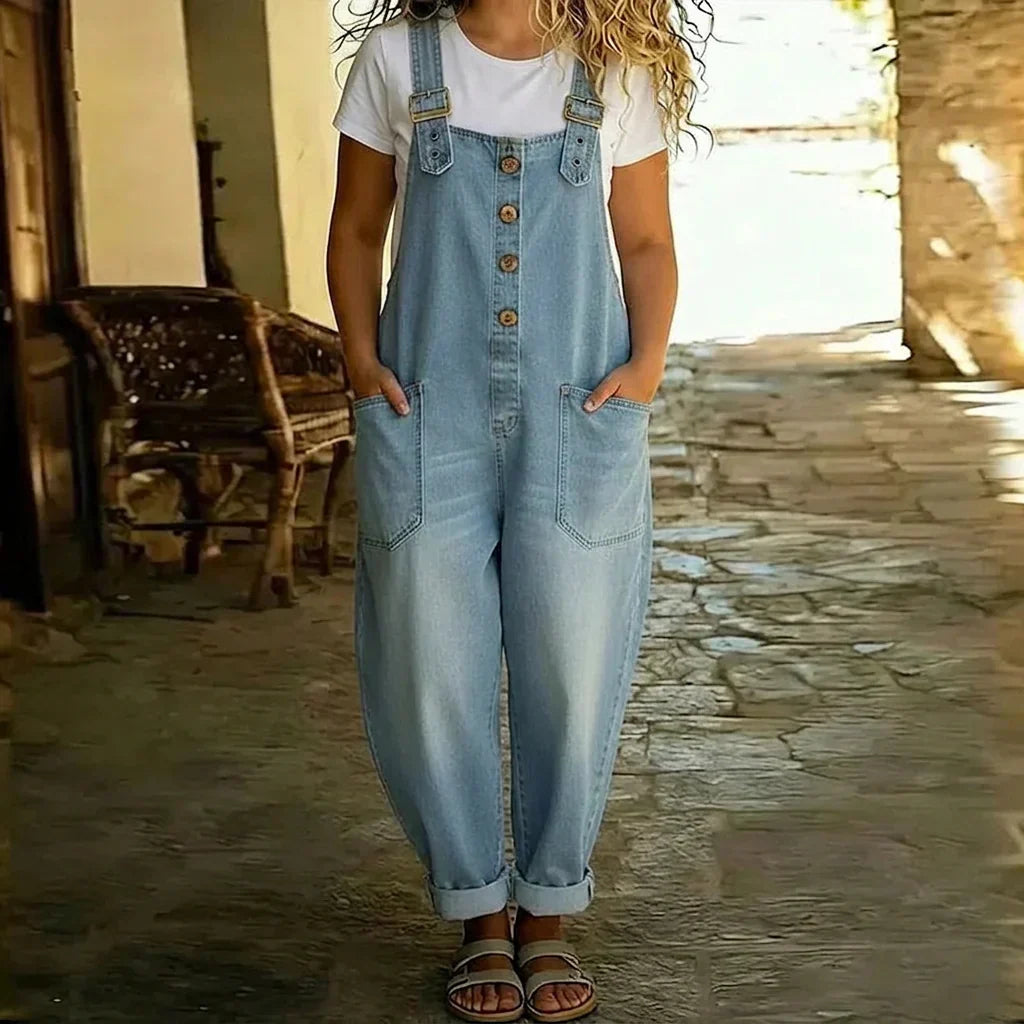 Demi | Vintage Zachte Katoenen Denim-Look Draagbare Overalls met Verstelbare Bandjes