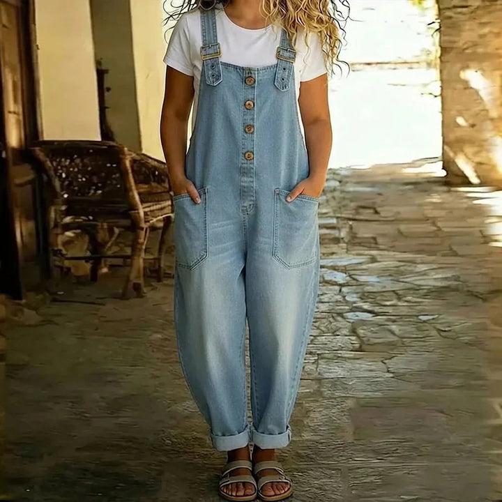 Demi | Vintage Zachte Katoenen Denim-Look Draagbare Overalls met Verstelbare Bandjes