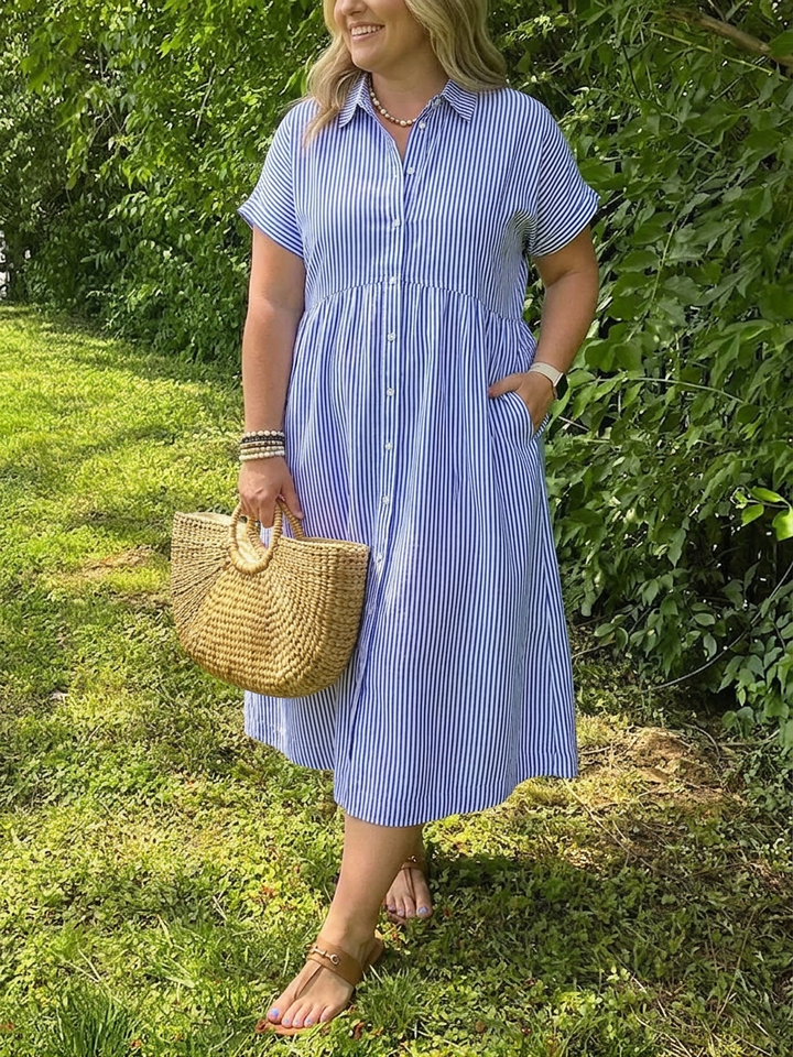 Sylvie | Vrouwen Linnen Gestreepte Knopen Midi Jurk met Korte Mouwen