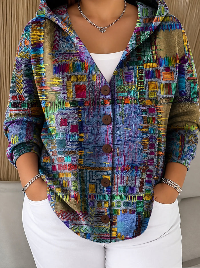 Dames Multicolor Gebreide Cardigan met Capuchon en Knoopsluiting
