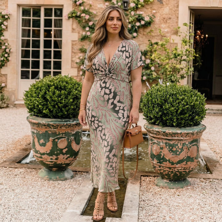 Stella &amp; Grace™ | Abstracte Print V-hals Twist Taille Midi Jurk