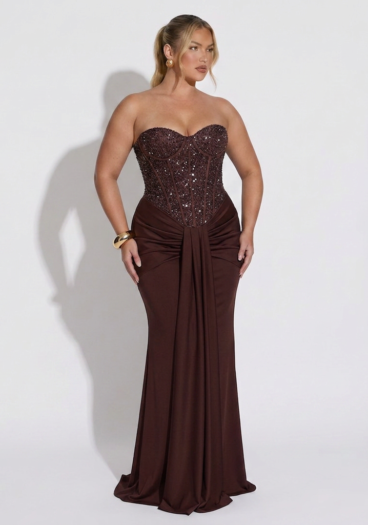 Strapless Versierd Korset Draped Vloerlange Gown