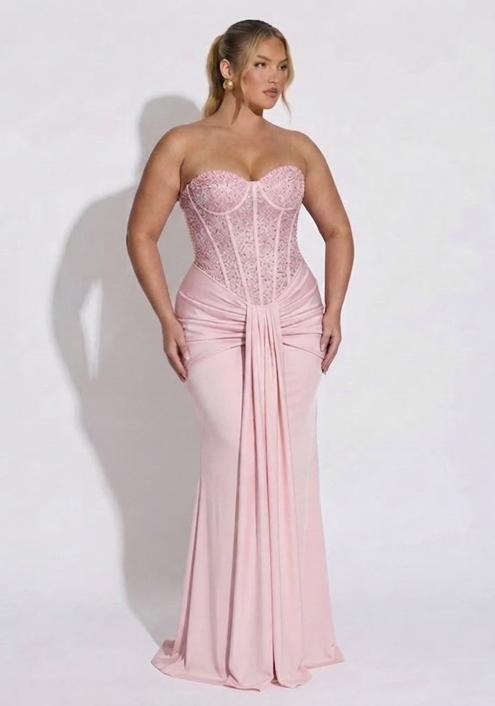 Strapless Versierd Korset Draped Vloerlange Gown