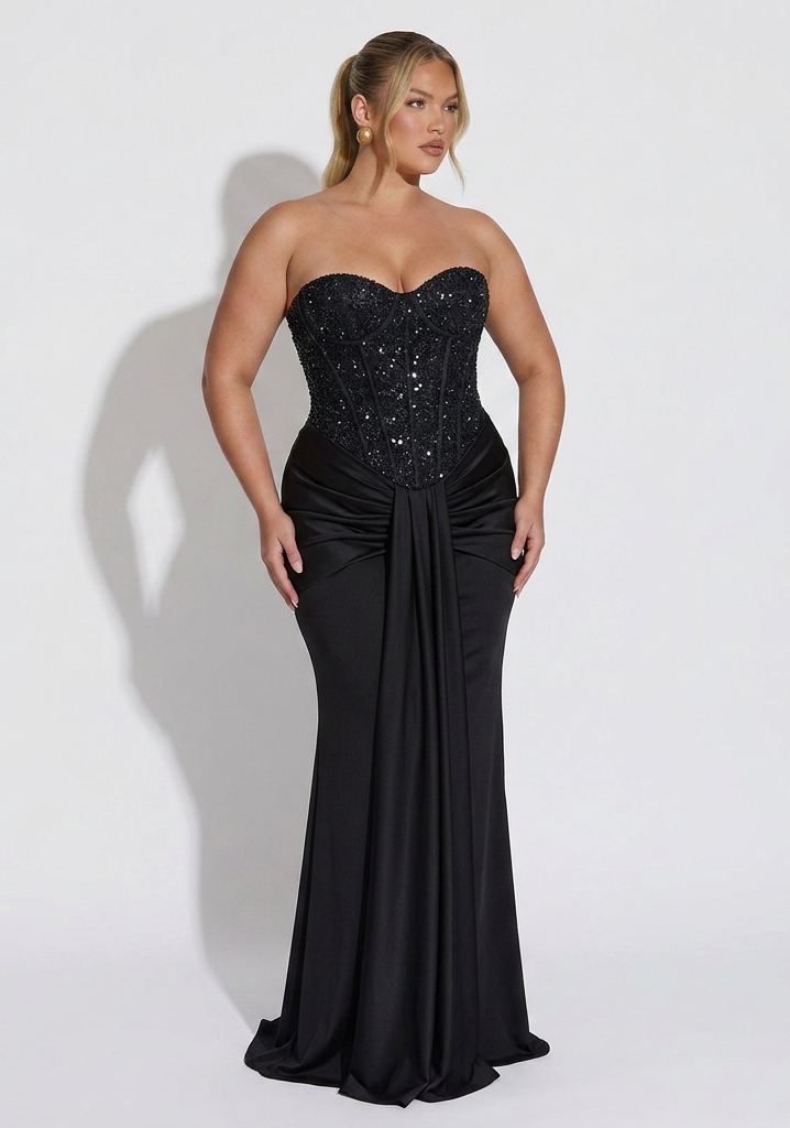 Strapless Versierd Korset Draped Vloerlange Gown