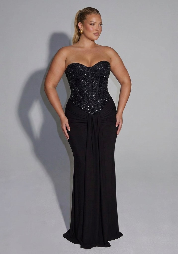 Strapless Versierd Korset Draped Vloerlange Gown