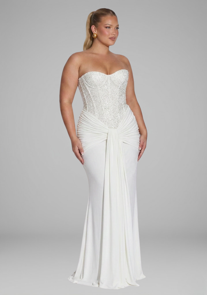 Strapless Versierd Korset Draped Vloerlange Gown