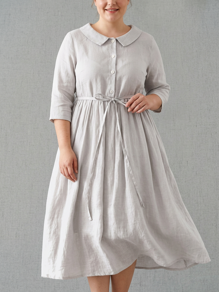 Amara | Vrouwen Linnen Col Gekruiste Taille Midi Jurk