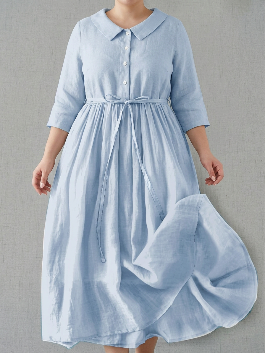 Amara | Vrouwen Linnen Col Gekruiste Taille Midi Jurk