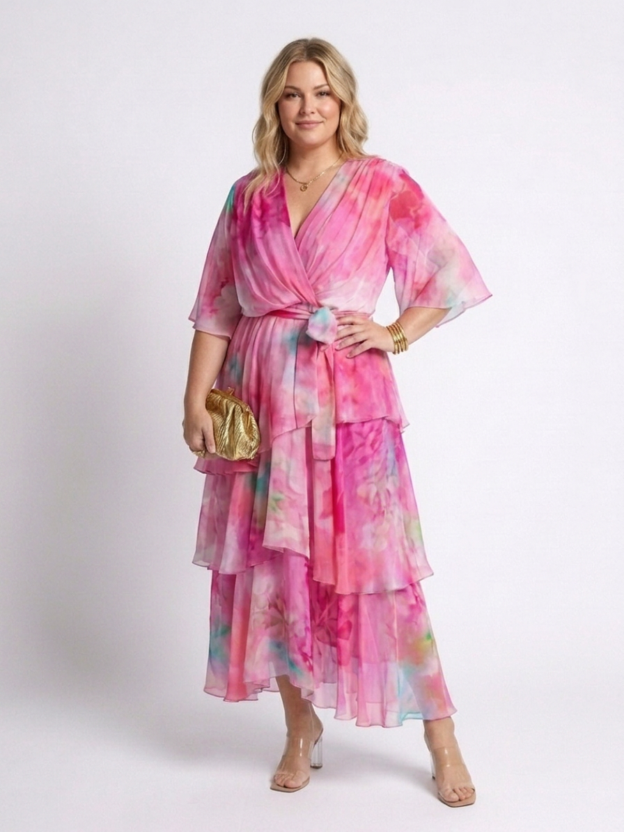 Maybelle | Doorzichtige Laag V-Hals Taille Strik Maxi Jurk