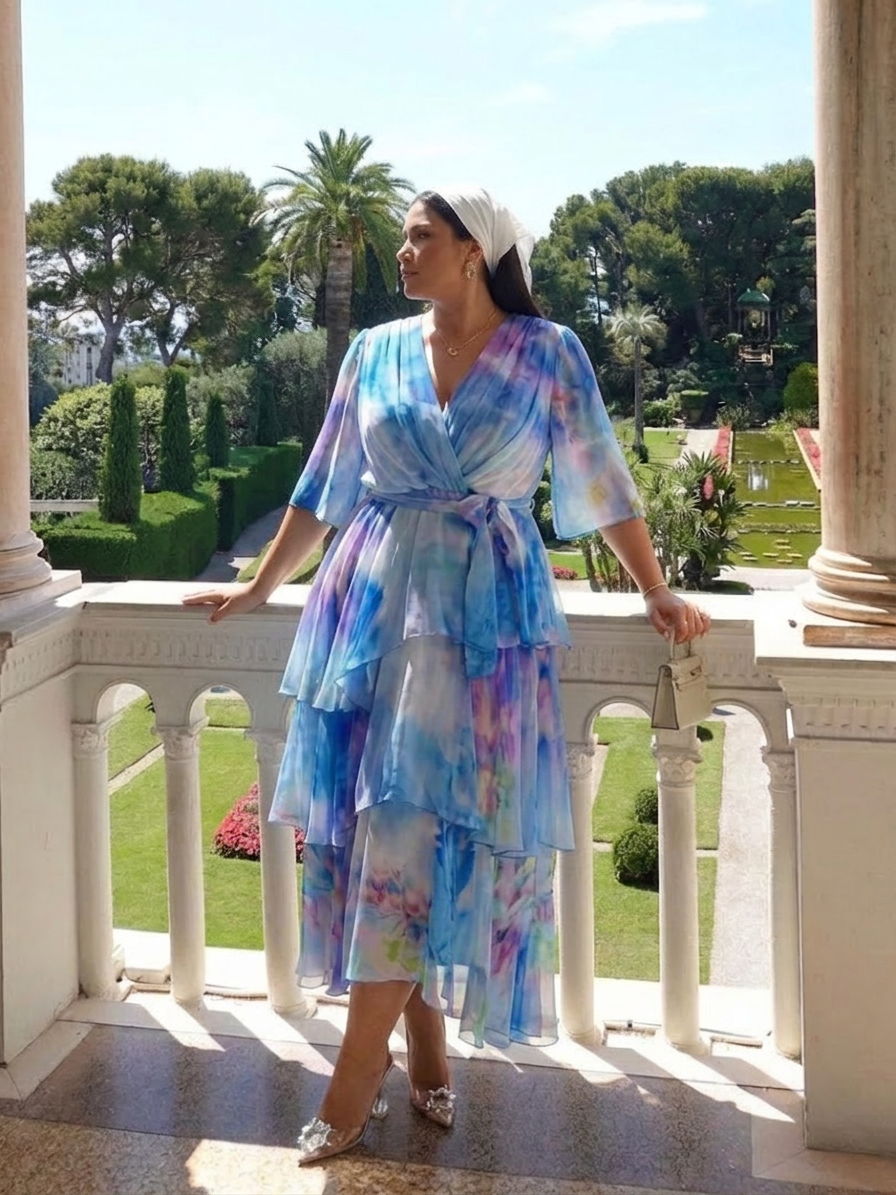 Maybelle | Doorzichtige Laag V-Hals Taille Strik Maxi Jurk