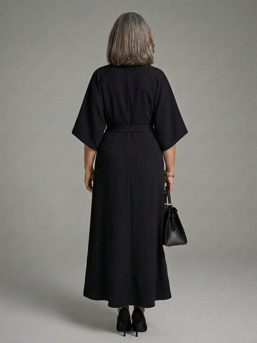 Amina | Asymmetrische Midi-jurk met Mantel Mouwen en Gedefinieerde Taille
