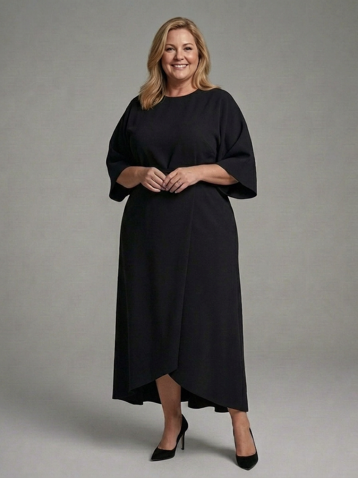 Amina | Asymmetrische Midi-jurk met Mantel Mouwen en Gedefinieerde Taille