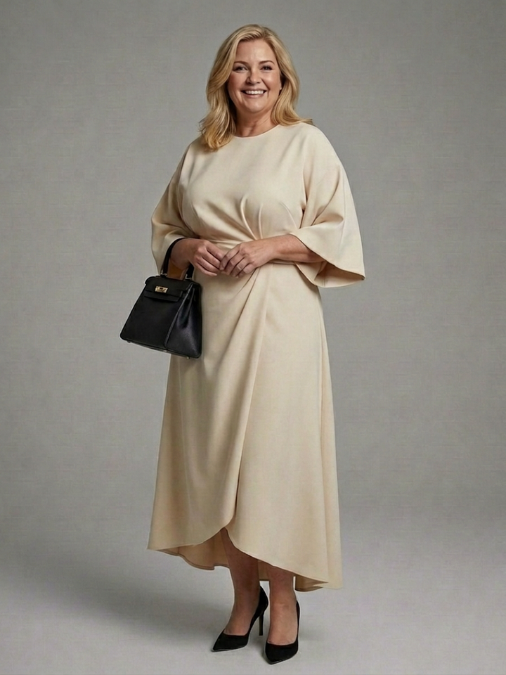 Amina | Asymmetrische Midi-jurk met Mantel Mouwen en Gedefinieerde Taille