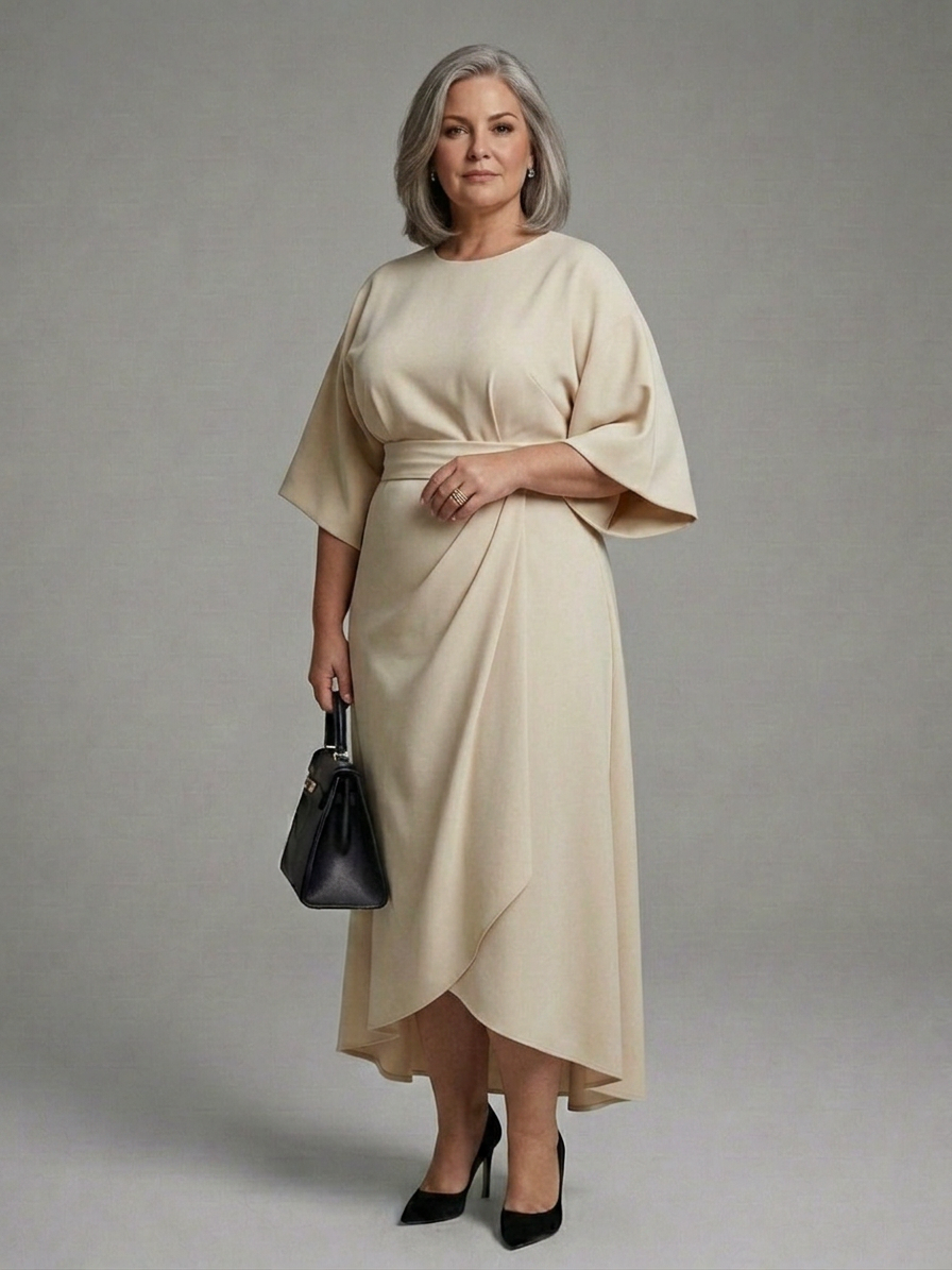 Amina | Asymmetrische Midi-jurk met Mantel Mouwen en Gedefinieerde Taille