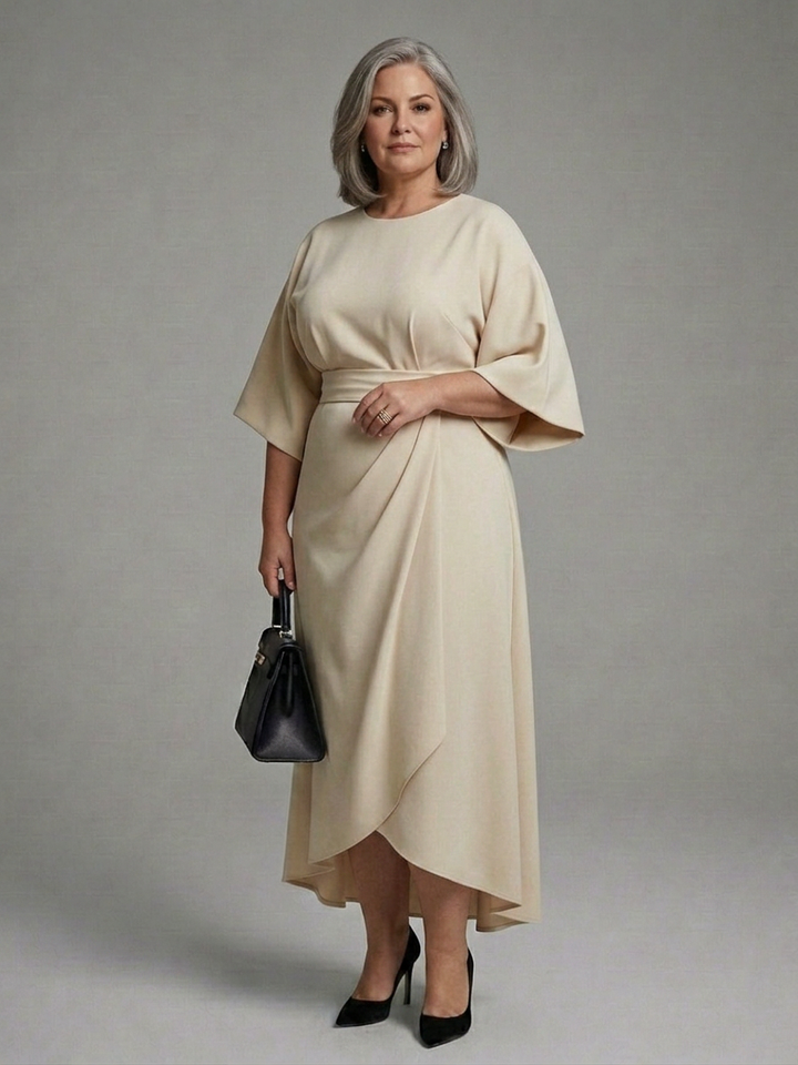 Amina | Asymmetrische Midi-jurk met Mantel Mouwen en Gedefinieerde Taille