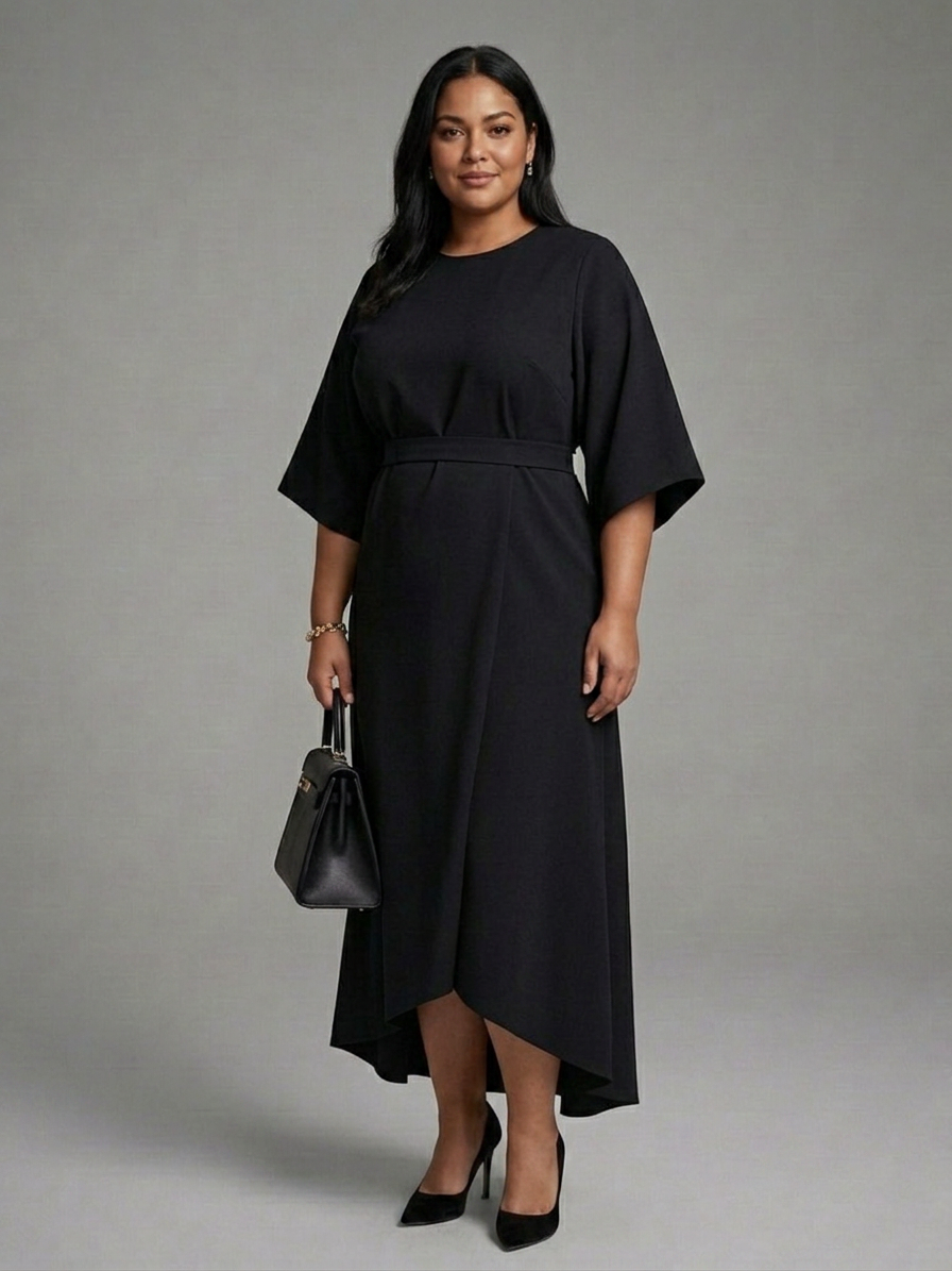 Amina | Asymmetrische Midi-jurk met Mantel Mouwen en Gedefinieerde Taille