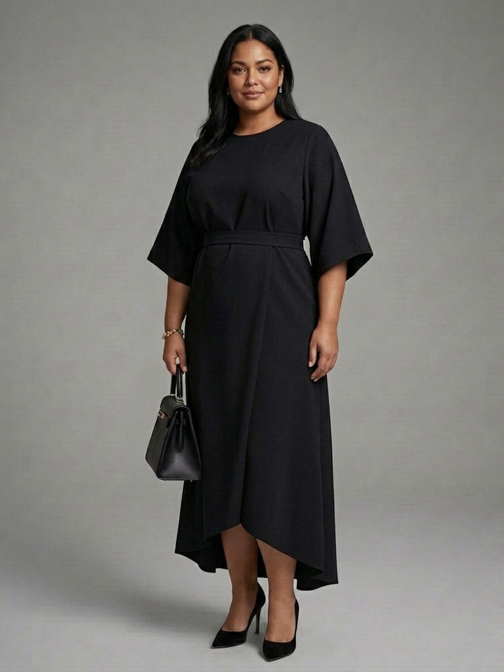 Amina | Asymmetrische Midi-jurk met Mantel Mouwen en Gedefinieerde Taille