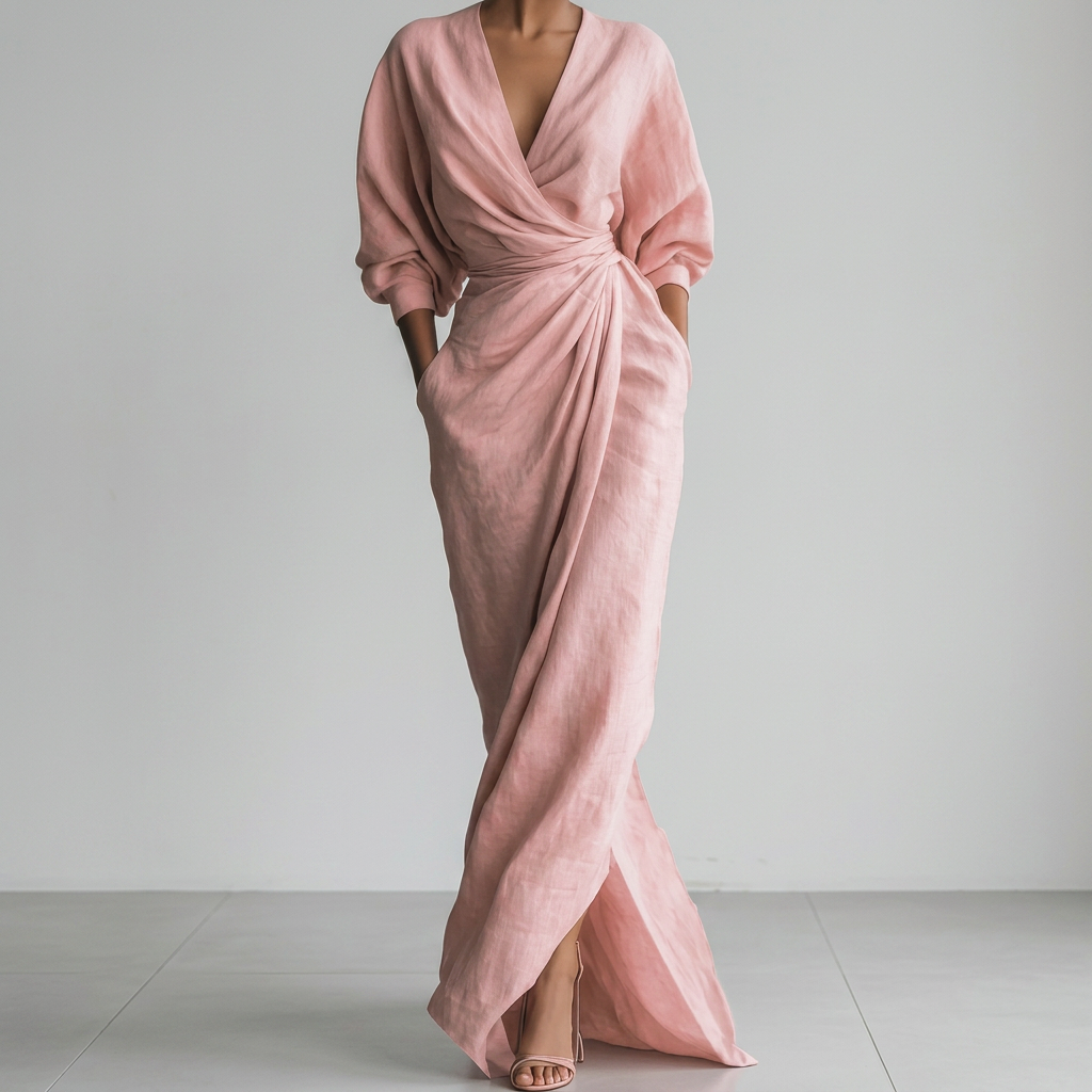 Thea Gerimpelde Wrap-Front Lange Mouw Maxi Jurk met Split