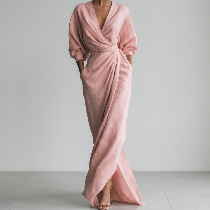 Thea Gerimpelde Wrap-Front Lange Mouw Maxi Jurk met Split