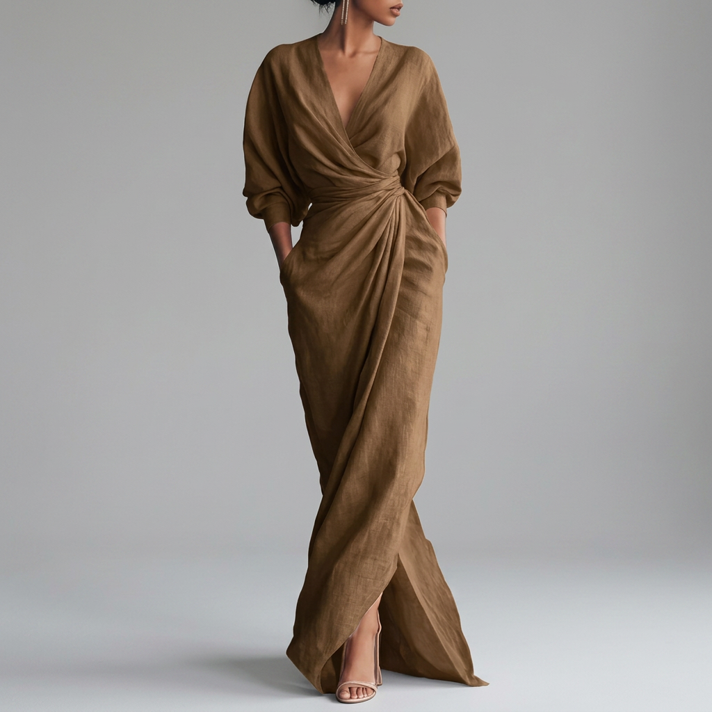 Thea Gerimpelde Wrap-Front Lange Mouw Maxi Jurk met Split