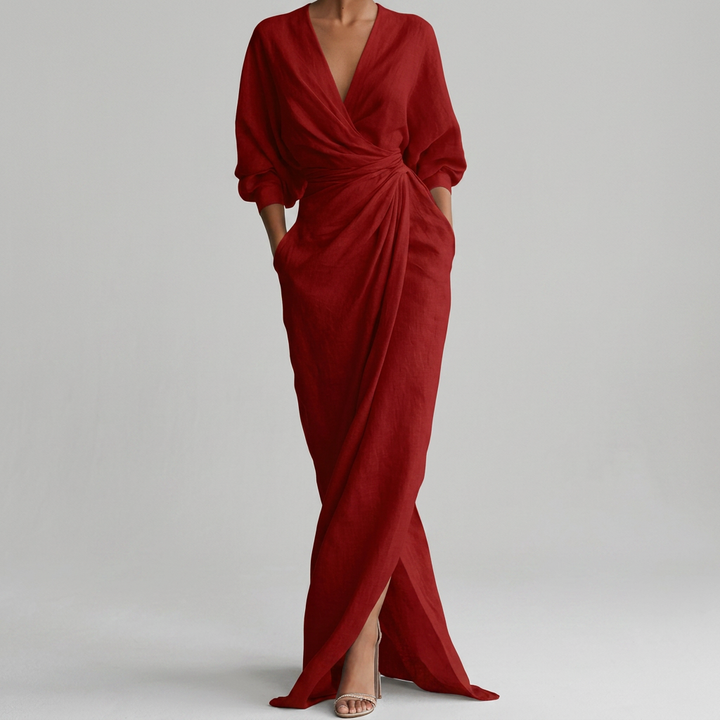 Thea Gerimpelde Wrap-Front Lange Mouw Maxi Jurk met Split