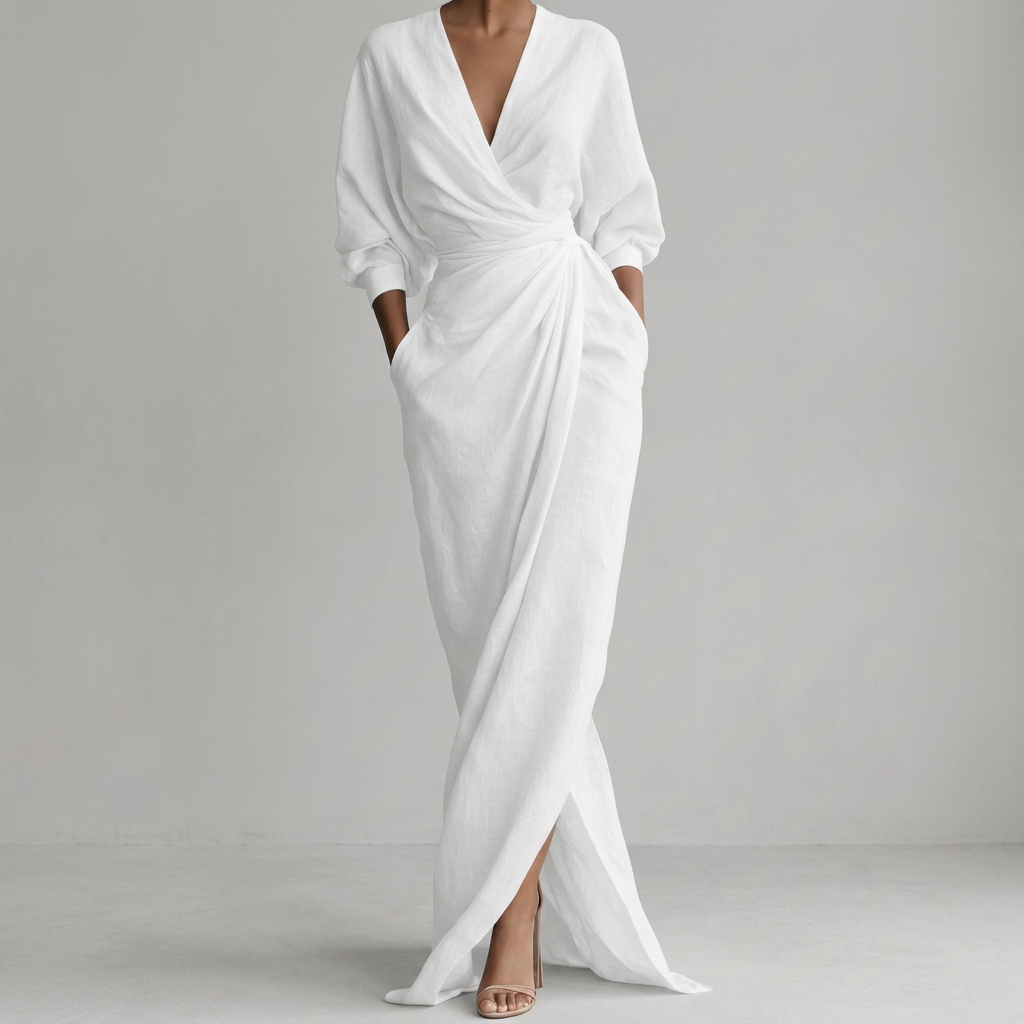 Thea Gerimpelde Wrap-Front Lange Mouw Maxi Jurk met Split
