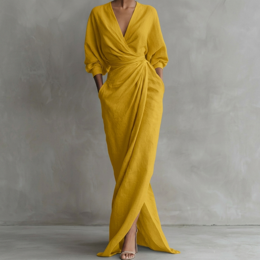 Thea Gerimpelde Wrap-Front Lange Mouw Maxi Jurk met Split