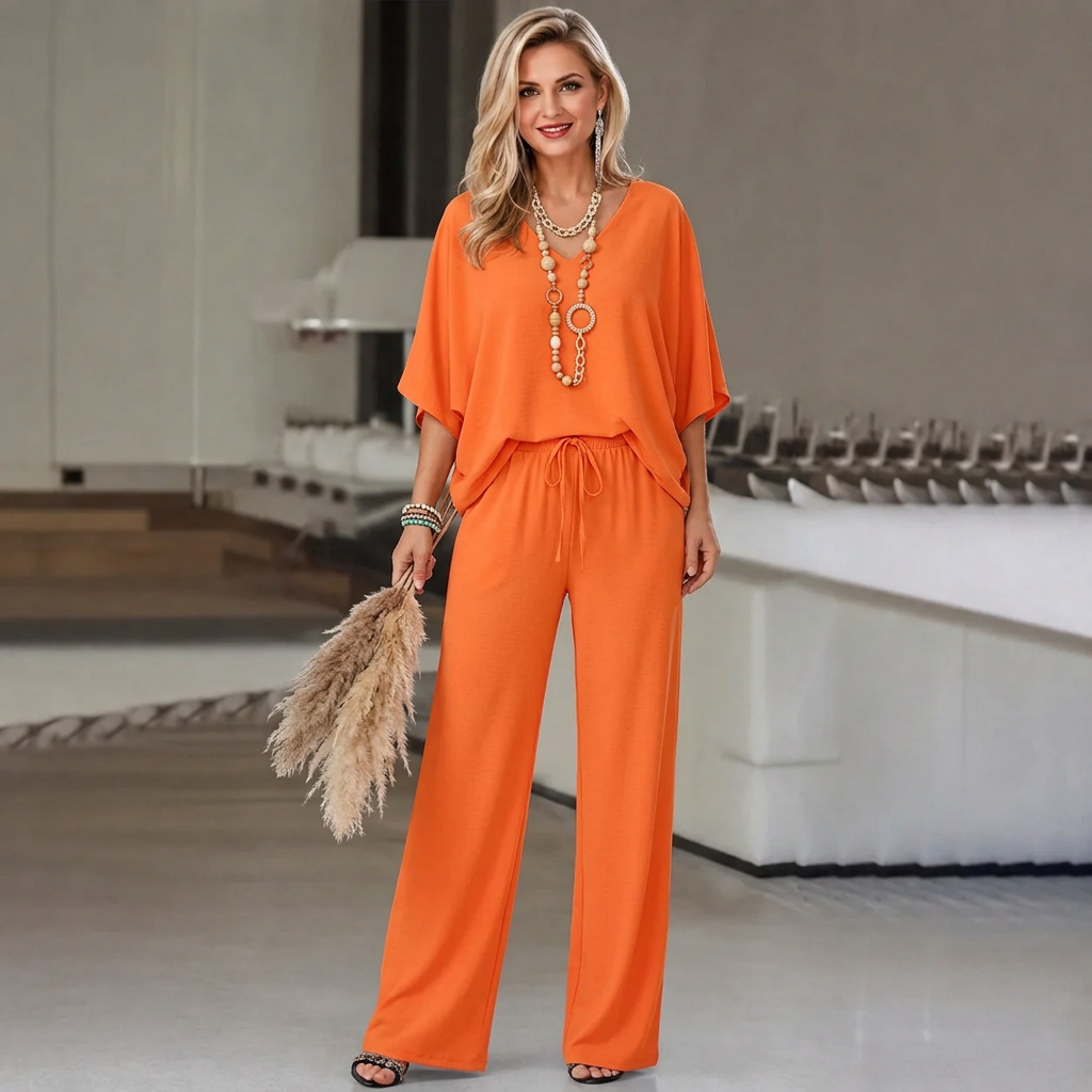Theodora - V-Hals Korte Mouwen Top en Wijde Broek Twee-Delige Set