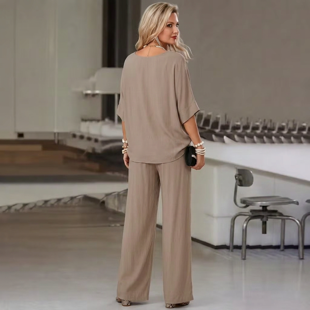 Theodora - V-Hals Korte Mouwen Top en Wijde Broek Twee-Delige Set