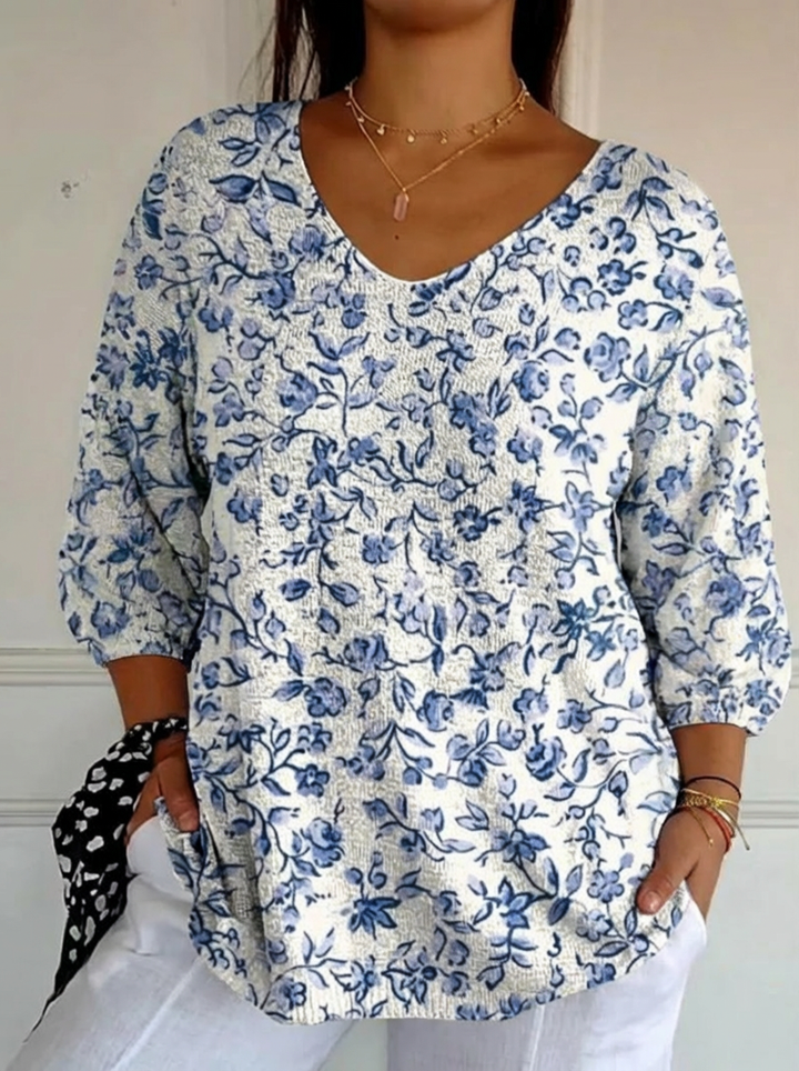 Dames Kleine Blauwe Bloemenprint Casual Pullover Trui