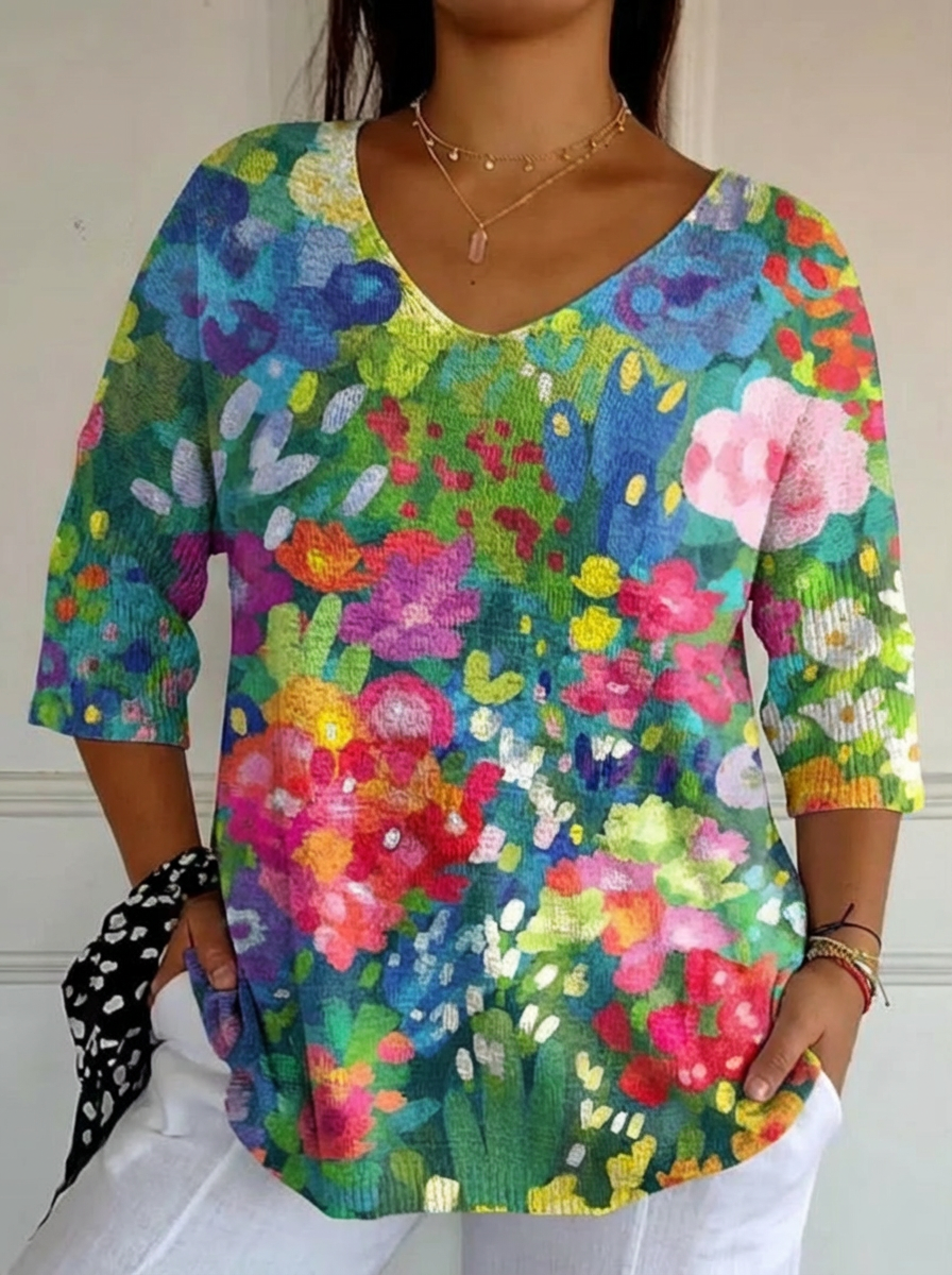 Dames Vintage Mooie Bloemen Kunstprint Casual Pullover Brei