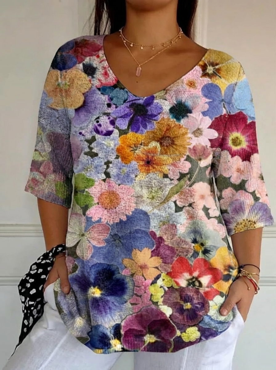 Dames Vintage Mooie Bloemen Kunstafdruk Casual Pullover Brei