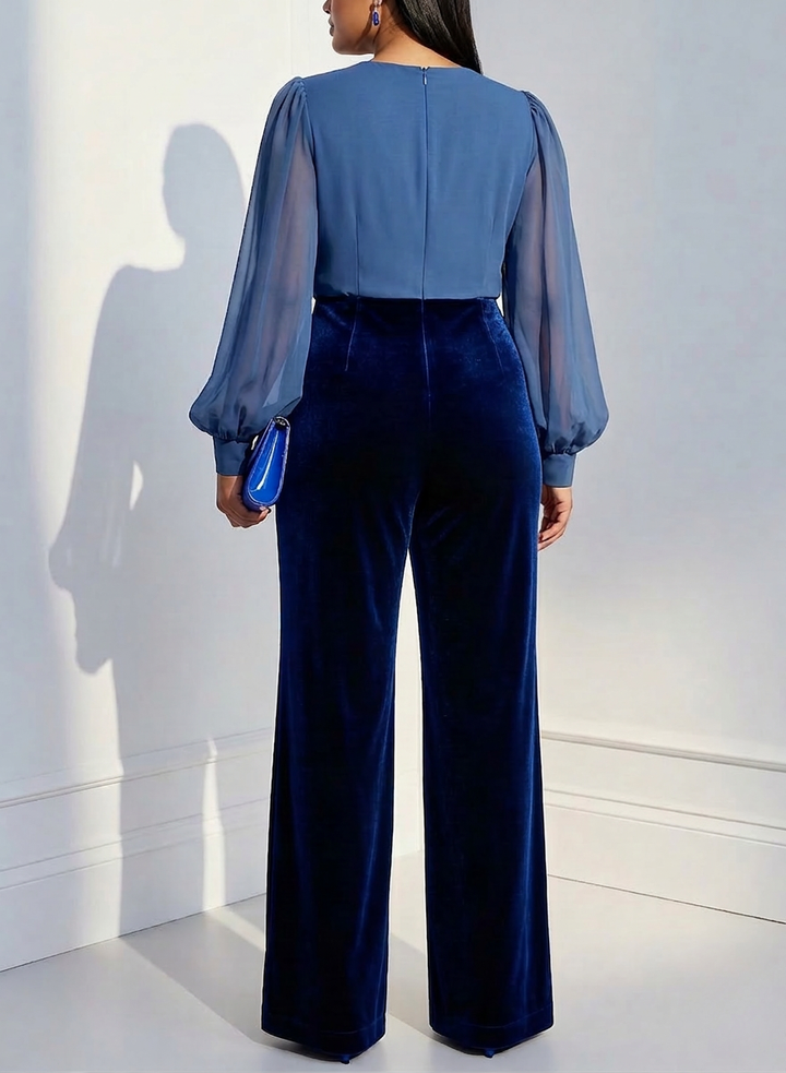 Blauwe mesh V-hals lange mouwen fluwelen jumpsuit