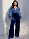 Blauwe mesh V-hals lange mouwen fluwelen jumpsuit