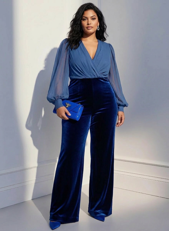 Blauwe mesh V-hals lange mouwen fluwelen jumpsuit