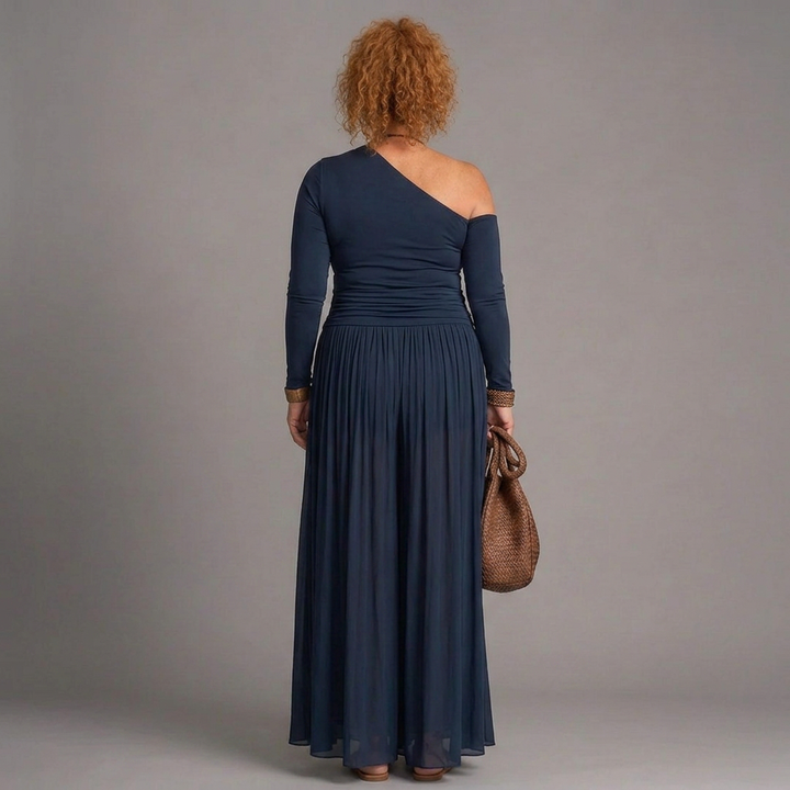 Tova | Eén Schouder Fitted Top En Geplooide Maxi Rok Set