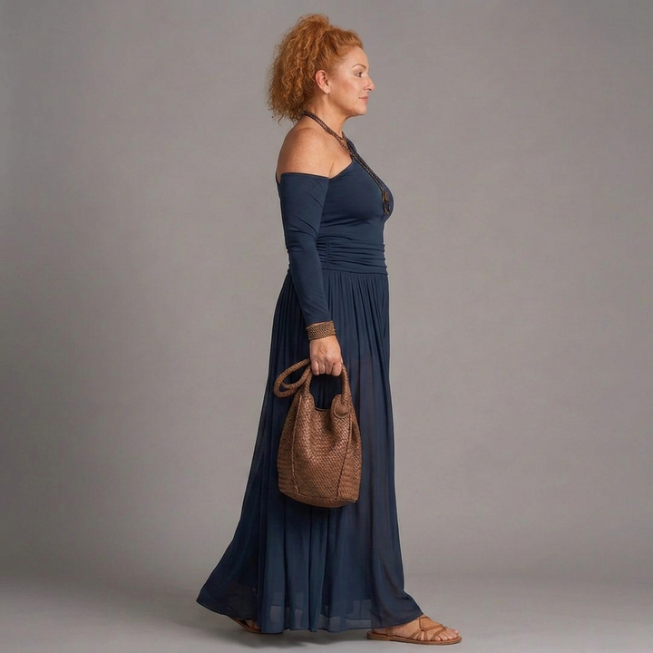 Tova | Eén Schouder Fitted Top En Geplooide Maxi Rok Set