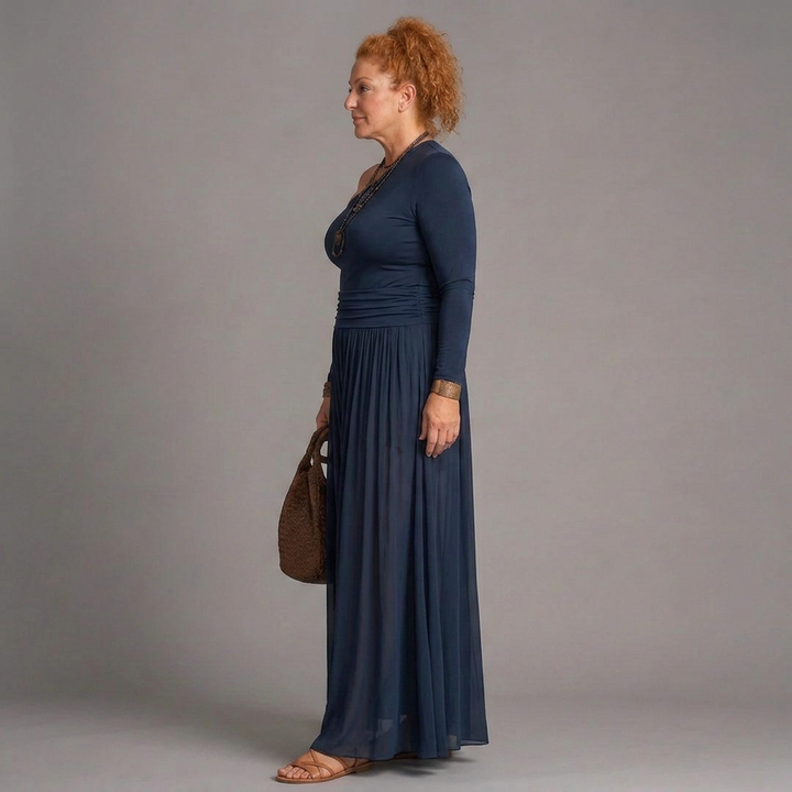 Tova | Eén Schouder Fitted Top En Geplooide Maxi Rok Set
