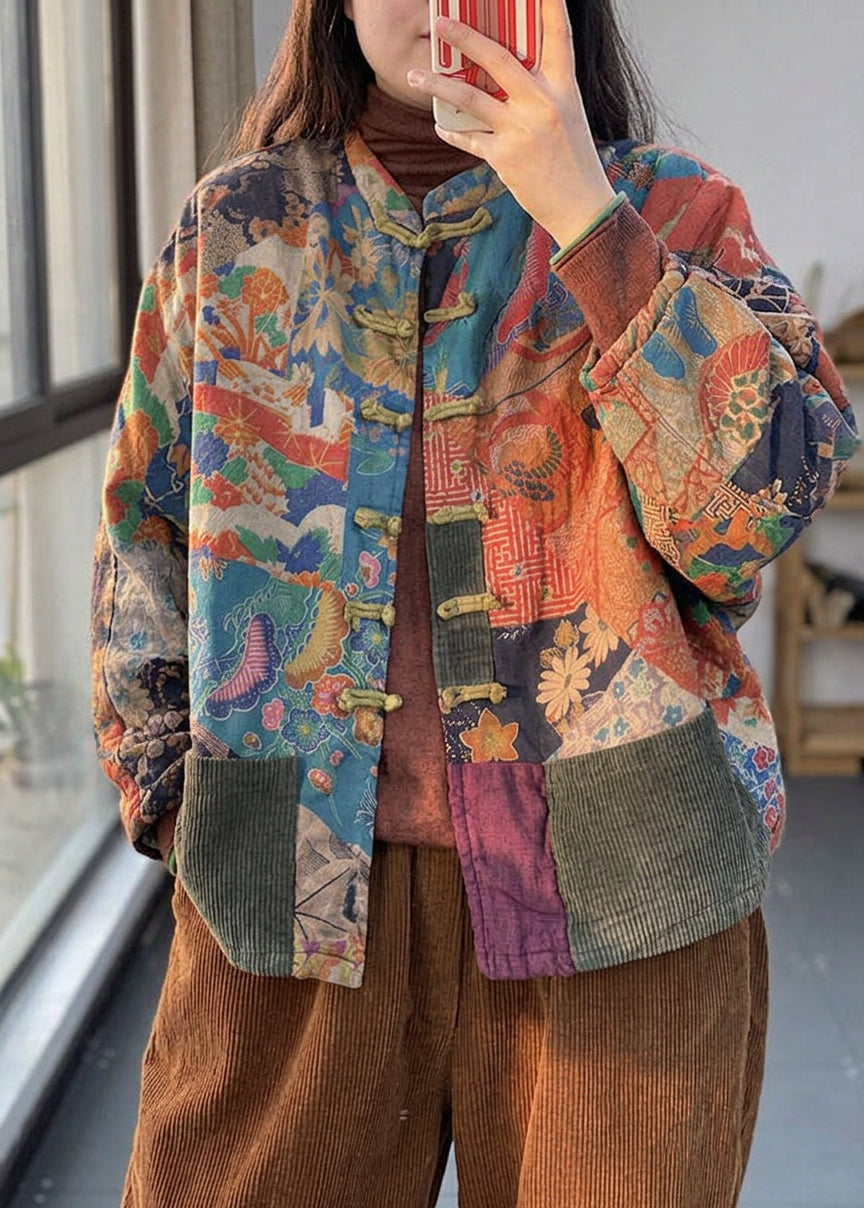 Colette - Vintage Rode Zakknopen Print Herfst Lange Mouw Jas