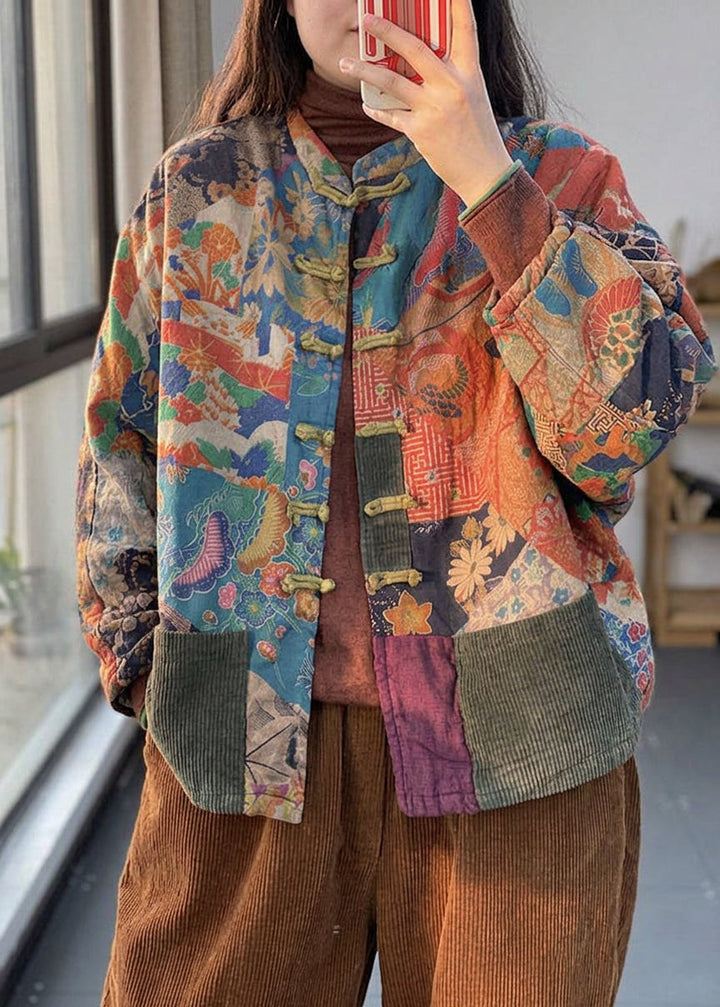 Colette - Vintage Rode Zakknopen Print Herfst Lange Mouw Jas