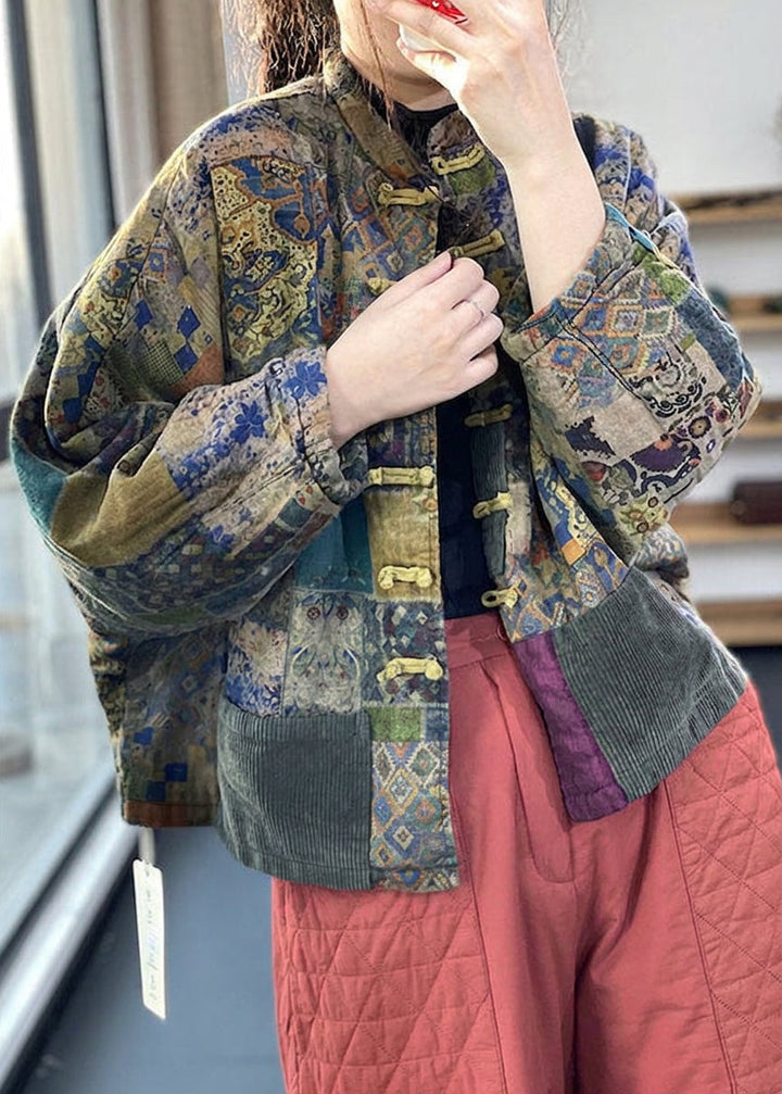 Colette - Vintage Rode Zakknopen Print Herfst Lange Mouw Jas