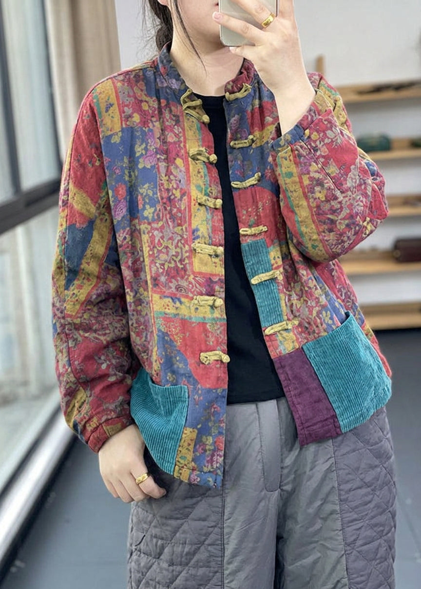 Colette - Vintage Rode Zakknopen Print Herfst Lange Mouw Jas