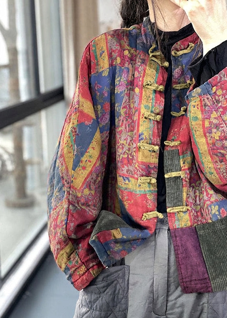 Colette - Vintage Rode Zakknopen Print Herfst Lange Mouw Jas