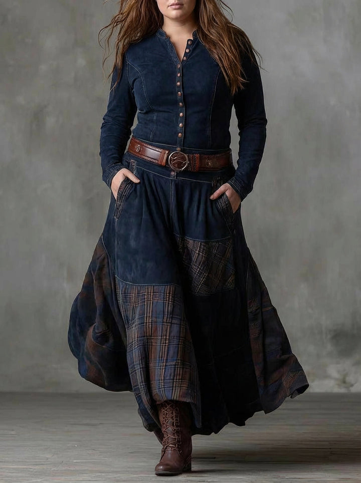 Frankie | Vintage Lange Jurk in Marineblauw Suède Ruit (Inclusief Ceintuur)