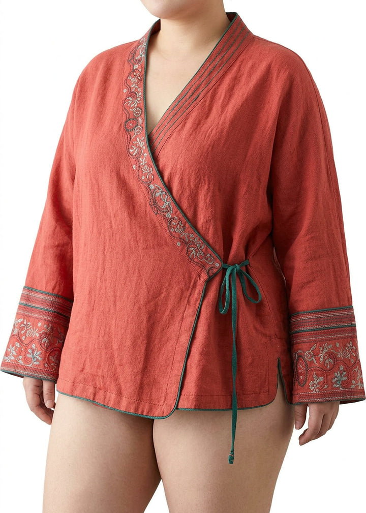 Pernille - Dames Rode Geborduurde Lange Mouwen Linnen Shirt