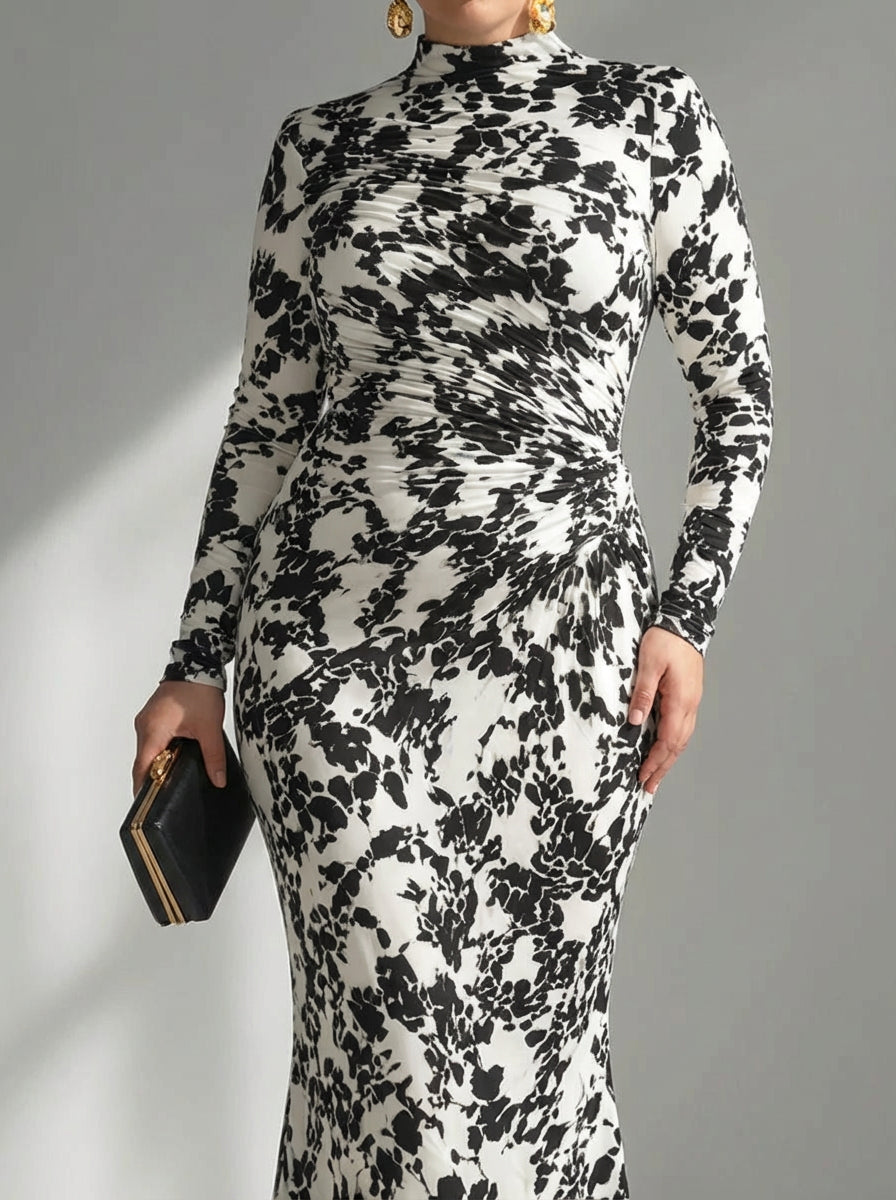 Aurelia | Zwart-wit patroon stretch mix wikkeljurk