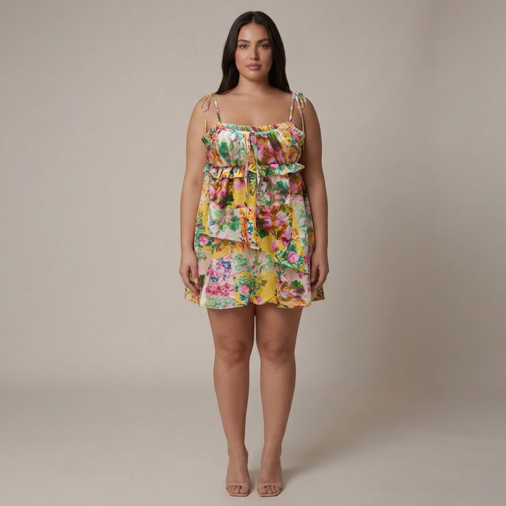 Dames Bloemen Ruffle Mini Jurk met Strik Schouderbanden en Gelaagde Zoom