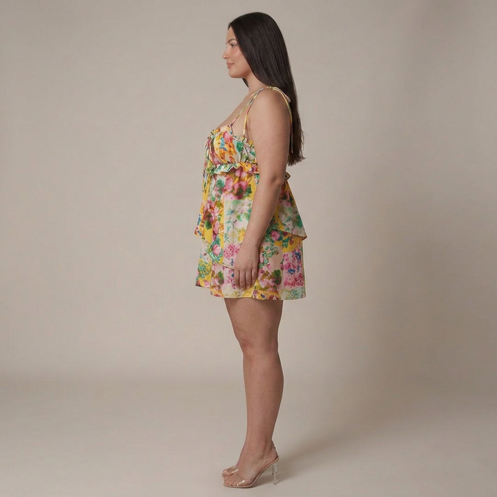 Dames Bloemen Ruffle Mini Jurk met Strik Schouderbanden en Gelaagde Zoom